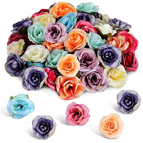 60 Pcs 1.6 Inch Artificial Flower Heads Bulk, Multicolor Silk Rose Fake Flowers for DIY Crafts, Spring Wedding Centerpieces, Cake Decor, Hair Accessories, Garland Making Mother's Day Graduation Decor