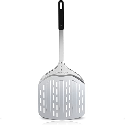 AmeierGro Pelle à pizza perforée, spatule à pizza à long manche, spatule à pizza de 30,5 cm avec aluminium anodisé dur de qualité commerciale, accessoires de four à pizza pour la cuisson de la pierre