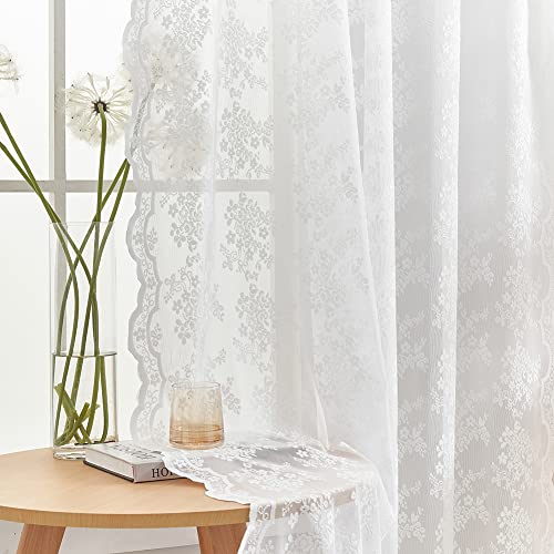 YJ YANJUN Lace Curtains for Windows 54 inch Drop Vintage Flowers and Branch Net Curtains for Old House Shabby Chic Sheer Voile 2 Panels 52 Wide x 54 Drop