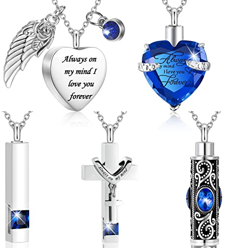 Fumete 5 Pcs Urn Necklace for Ashes Cremation Jewelry Necklace Set for Ashes Memorial Keepsake Heart Cross Cubic Stainless Steel Urn Jewelry for Loved One or Pet Women Men, 5 Styles(Dark Blue)
