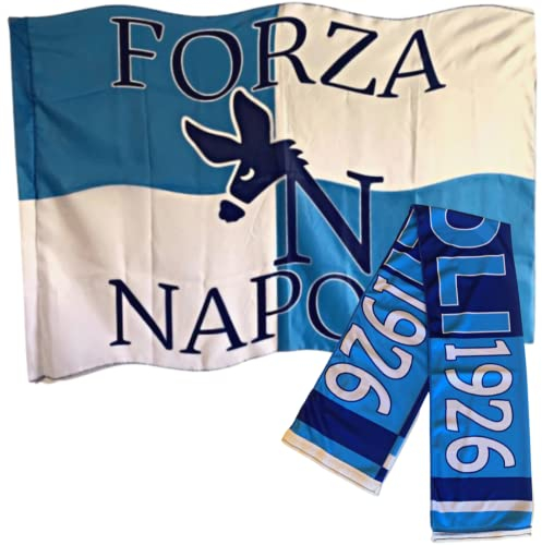 Bandiera e Fascia del Napoli - Bandiera 90x150cm con Passante per Asta +Fascetta Napoli 89x8cm- Tifoseria Campionato di Calcio(BANDIERA + FASCIA NAPOLI)
