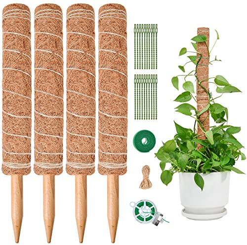 4 Stück 40CM Moosstab Monstera, SproutMaven Verlängerba Monstera Rankhilfe für Pflanzen, Kokos Pflanzenstab Monstera Moss Pole für Garten Kletterpflanzen Zimmerpflanzen