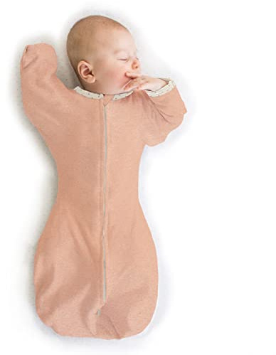 SwaddleDesigns Übergangs-Wickelsack mit hochgezogenen Armen, halblangen Ärmeln und Fäustlingbündchen, meliertes Pfirsich-Blush mit gepunktetem Rand, Größe M, 3–6 Monate, 6,4–9,5 kg (besserer Schlaf,