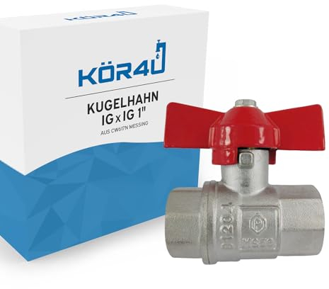 kör4u Kugelhahn Messing mit T-Griff rot, beidseitigem Innengewinde 1 Zoll, Kugelventil, Absperrventil, Garten und Haushalt