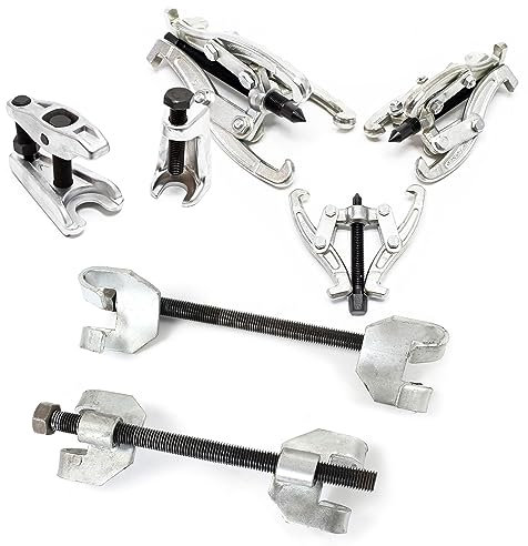 XPOtool Federspanner Satz 7-tlg. 375 mm aus Stahl, mit Klauen- & Kugelgelenkabzieher Montagespanner Audrücker, für Pkw Tuning Tieferlegung, Spannwerkzeug