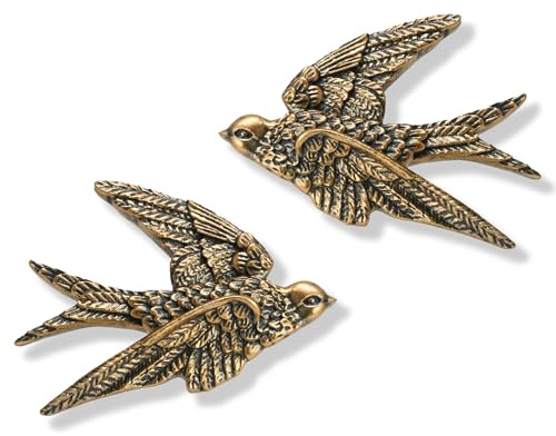 AMOIENSIS Bird Wall Sculpture Art, (Set of 2) 4¾ inch Resin Antique Gold Bird 3D Sculpted Floating Hanging Wall Sculpture Decoration