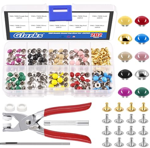 GLARKS Lot de 200 rivets en cuir – Rivets à double capuchon rond de 7 mm, 10 couleurs, clous en métal avec kit d'outils de réglage pour travaux manuels et décoration