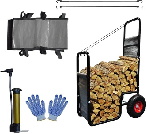 Sharellon Vedvagn med hjul, förvaringsställ av trä, viktkapacitet 100 kg, vedvagn med hjul för öppen spis, eldstad