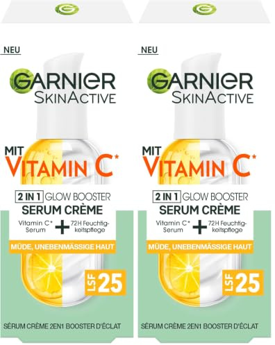 Garnier Serum-Crème gegen müde Haut und dunkle Flecken, 2in1 Tagespflege für mehr Glow und einen ebenmäßigen Teint, Mit Vitamin C, Skin Active, 50 ml (Packung mit 2)