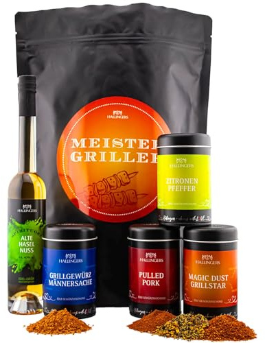 Hallingers Genuss Manufaktur Feinkost Geschenk-Set - XXL-Wundertüte Meistergriller großes Grillparty-Mitbringsel Haselnusslikör, Gewürz, Magic Dust & Pfeffer, Geschenkidee für Männer Freund