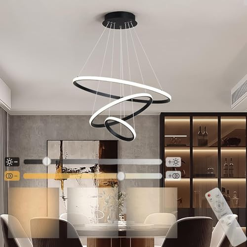 GZZBMY Moderne LED Pendelleuchte Esstisch Hängeleuchte Dimmbar Mit Fernbedienung Pendellampe Pendelleuchten Esszimmerlampe hängend Höhenverstellbar für Esszimmer Wohnzimmer (Schwarz)