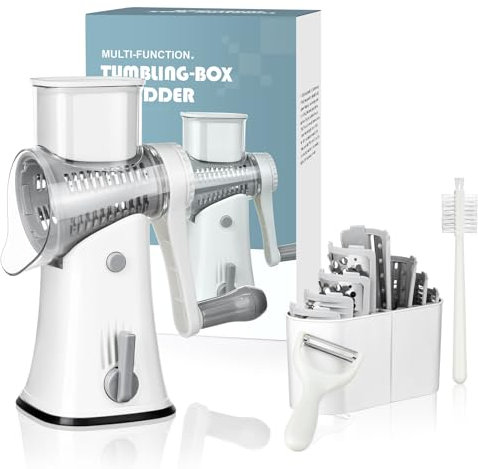 AdrreyuFny Rallador de Verduras, Rallador de Queso Mandolina Verduras con 5 Cuchillas de Tambor Ralladores de Cocina Multifuncional Cortador de Verduras Manual para Corta Verduras, Fruta - Blanco