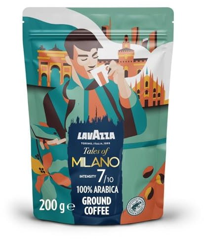 Lavazza, Tales of Milano, Café Moulu, 200 g, Idéal pour la Machine Filtre ou Manuelle, Notes de Miel et Fruits Secs, 100% Arabica, Intensité 7/10, Torréfaction Claire