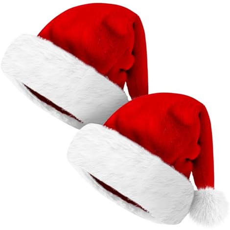 Giggling Getup Weihnachtsmütze, Premium-Weihnachtsmütze, Plüsch-Weihnachtsmütze aus rotem Samt mit Bommeln, Einheitsgröße für Erwachsene und Kinder als Weihnachtsfeiergeschenk