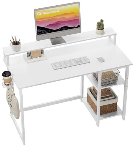 GreenForest 120 x 55 cm Schreibtisch Weiß mit Regal und Monitorständer, Kleiner Sekretär Schreibtisch Weiss, Bürotisch für Home Office, Reinweiß