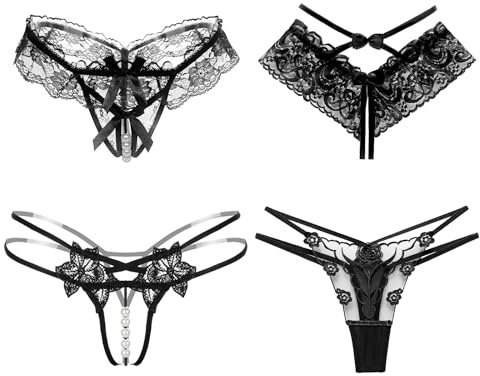 UILYNIU 4 Stück Damen Höschen String Ouvert Damen Schwarz Niedrige Taille Spitze Sexy Tanga Strings Unterwäsche (DE/NL/SE/PL, Alphanumerisch, M, L, Regular, Regular, Schwarz)