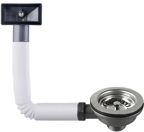 Fregadero de cocina, sifón de acero inoxidable, colador, desagüe con rebosadero rectangular, válvula de cesta de 114 mm, para cocina, baño