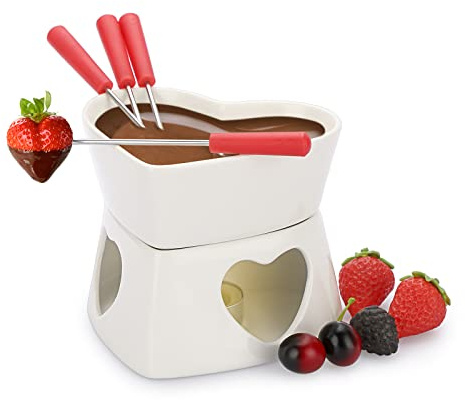 BSTKEY Ceramic Chocolate Fondue Pot Butter Warmer, Heart Shape 320ml Cheese Fondue Set Milk Cheese Warmer Tea Light Candle Fondue Pot Set with 4 Red Forks (White)