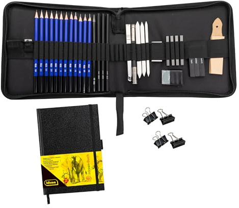 Idena 90300 - Zeichenset inkl. Skizzenbuch A5, 39 Teile in praktischer Aufbewahrungstasche, Zeichenzubehör-Set ideal für Anfänger und erfahrene Künstler