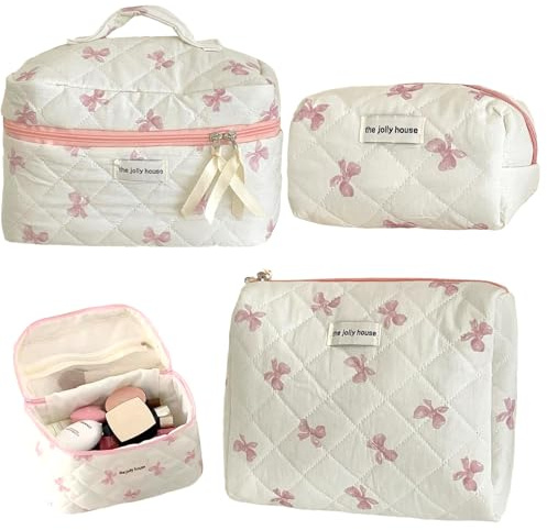 Gesteppte Make -up -Tasche 3PCS großer Kapazitätsbogendesign, tragbare und niedliche Kosmetikbeutel Reißverschluss für Frauen und Mädchen