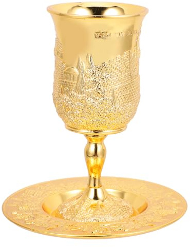 ABOOFAN Copa De Kidush De Metal Dorada para Vino De Pésaj y Shabat, Tamaño Estándar, Copa Festiva Reutilizable con Platillo, para Ceremonias Judías y Celebraciones Tradicionales, Set
