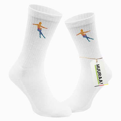 Huuraa Unisex Socken Eiskunstlauf bunte Silhouette Geschenk | Baumwolle Tennissocken Geschenkidee Weiße Sportsocken mit Motiv Unisex Baumwollsocken für Frauen und Männer