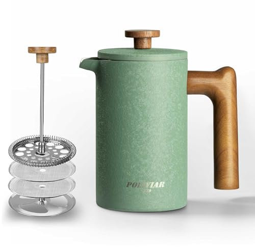 POLIVIAR Cafetière à piston à piston 4 tasses avec poignée en bois, cafetière isotherme à double paroi et 1 filtre supplémentaire, cafetière française isolée de 600 ml pour café et thé, comprend 1