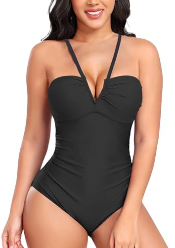 NLAND Dambaddräkt V-ringad one piece baddräkt monokini rygglös elegant magkontroll ett stycke badmode baddräkt, svart, S