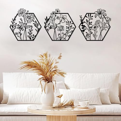 ESTART 3 Stück Metall-Blumen-Wanddekoration, minimalistische Blumenwanddekoration, abstrakte Linie, florale Wandkunst-Skulptur für Schlafzimmer, Badezimmer, Wohnzimmer, Küche, Esszimmer (Schwarz)