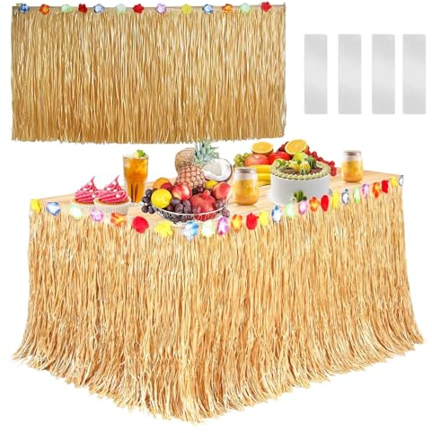 Fonyiunce Jupe de Table Hawaienne, 275cmX75cm, Hawaïenne Jupes de Luau Table, Décoration de Fête Tropicale, Jupes de Table en Herbe avec des Fleurs Multicolores, pour Les Soirées à Thème Hawaïennes