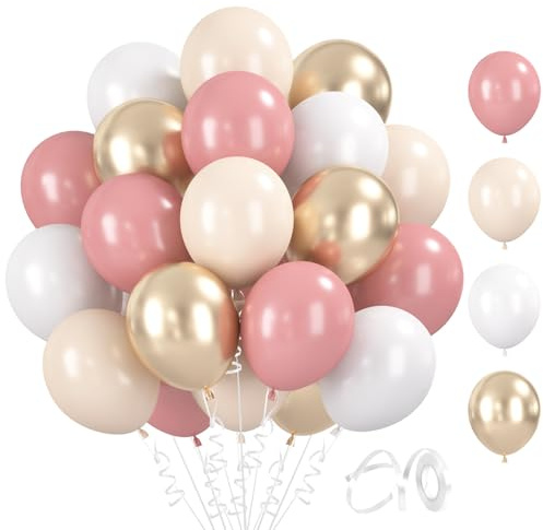BlooMoo 60 Pezzi Palloncini Rosa Bianco, 12 Pollici Palloncini in Lattice Rosa Bianco Champagne, Palloncino Metallizzato, per Compleanno Matrimonio Baby Shower Decorazione Festa