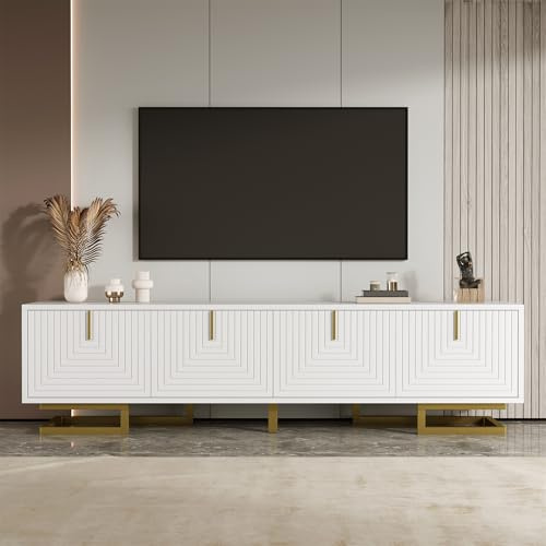 ModernLuxe TV Units for Living Room, Elegant TV Cabinet with 4 Textured Doors, Integrated Shelves for Storage, Stylish Stand Cabinet with Golden Handles and Uniquely Shaped Legs, White, 160x38x44.5cm