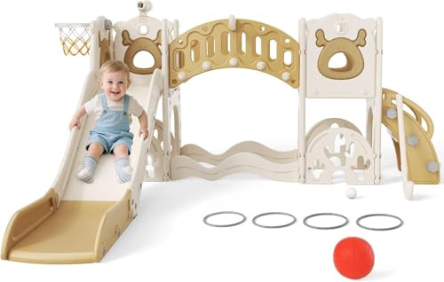 Toboggan pour enfant, grand toboggan avec panier de basket, cadre d'escalade pour le jardin, télescopique, espace de rangement, pour 1 à 3 ans, extra long 1700 mm ((modèle Elk Slide-Active 7 en 1