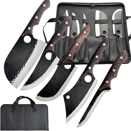 BFYLIN Metzgermesser-Set 5-teilig, Handgeschmiedetes Messerset, Serbisches Kochmesser, Wikinger-Ausbeinmesser, Hackmesser - Profi Küchenmesser-Set für Fleisch, BBQ,Kochmesser Set Mit Tasche