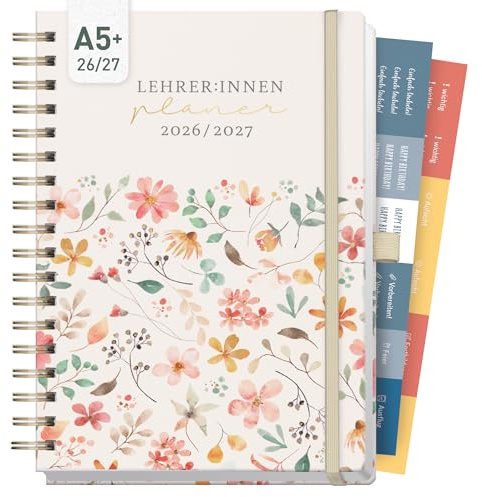 Häfft® Lehrer-Planer Deluxe 2026/2027 A5+ Wild Blossoms | Schöner Lehrerkalender mit Spiralbindung, Schulplaner 26/27 für Grundschule, weiterführende Schulen & Referendariat