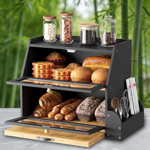 HOOBRO Panera de Bambú con 2 Compartimentos, Tabla de Cortar y Cubertero, Panera con Puertas Acrílicas Transparentes, para Cocina y Comedor, Negro y Bambú Natural EBY23MB01