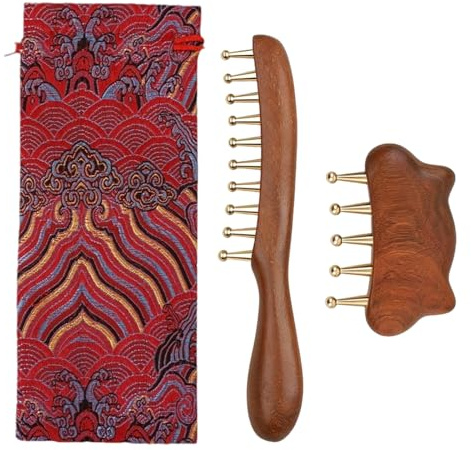 Masajeador de Cuero Cabelludo de Madera De Madera Y Latón Con Dientes | Peine Masajeador de Dientes Anchos Para Mujeres y Hombres, en Hogar, Oficina y Viaje