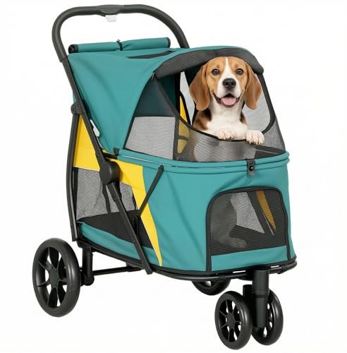 PawHut Hundewagen Hundebuggy Faltbar Katzenwagen bis 20 kg mit waschbarem Kissen, Netzfenstern, 3 Räder, Tür, Rückentasche, Haustierbuggy für kleine mittelgroße Hunde, Dunkelgrün