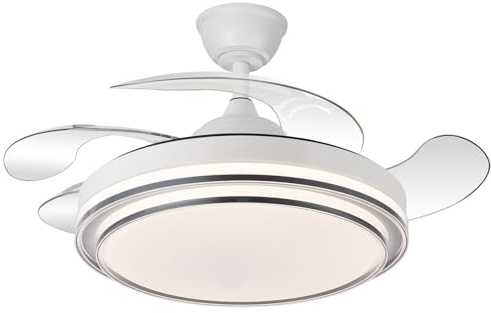 DRW Lampada ventilatore da soffitto bianco con pale retrattili 3 colori di luci e telecomando Ø107 x 34-49 cm