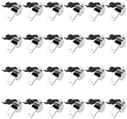 Football Whistle, 24 Pcs Metal Referee Whistle with Lanyard for Sports | Stainless Steel Whistles, Loud Crisp Sound Coach Whistle, Signal Hand Whistle for Security and Emergency Survival