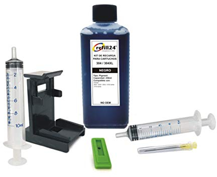 refill24 Nachfüllset: Nachfülltinte 250 ml kompatibel für Druckerpatronen HP 304, 304 XL Schwarz + Zubehör + Druckertinte für DeskJet 2630, 3720, 3730, 3735, 3750, 3760, Envy 5020, 5030, 5032