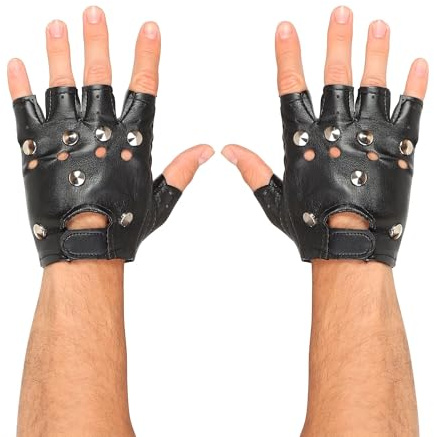 W WIDMANN MILANO Party Fashion 46903 - Fingerlose Nietenhandschuhe, Lederlook, Rocker, Punk, Biker, Accessoire, Karneval, Mottoparty