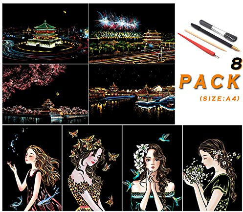 SiYear Rainbow Scratch Malpapier, City Series Night Scene, Scratch Painting Kreatives Geschenk, Scratchboard für Erwachsene und Kinder, mit 4 Werkzeugen, Größe: 11,7 '' x 8,3 '' （8Pack）