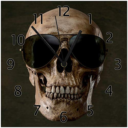 Wallario Design-Wanduhr Totenschädel mit Cooler Sonnenbrille aus Glas, Motiv-Uhr Größe 30 x 30 cm, Schwarze Zeiger