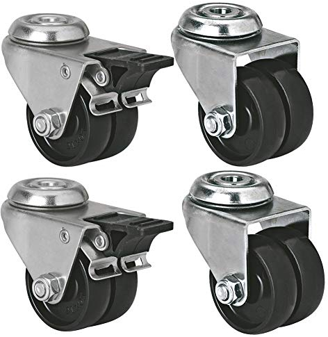 CASTOR Möbelrollen 2 Zoll 50 mm Leeren Lenkrollen Bolzenloch M10 Doppelräder mit Bremse Nylon Schwerlast 300 kg Leise Universal Rollen Wagen Tabelle Stuhl Babybett Krippe Regal 4 Stück