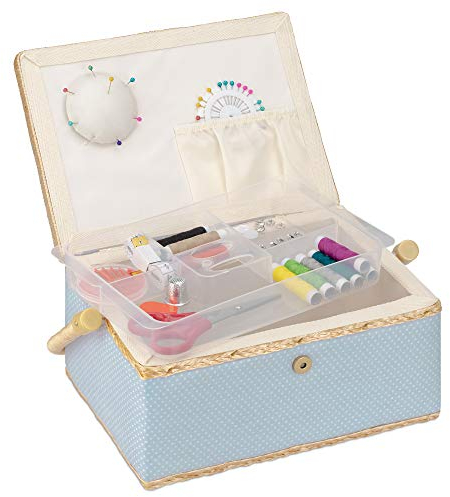 Navaris Nähkasten Nähkästchen Nähkoffer für Handarbeit - Korb mit praktischem Tragegriff - Handarbeitskorb inkl. Nähzubehör - Punkte Design