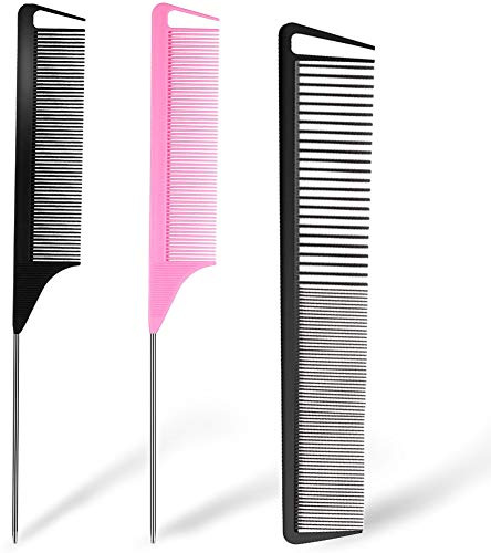 3 Pieces Rat Tail Comb Carbon Fiber Teasing Combs Parting Braids Comb Stainless Steel Pintail Comb Barber Styling Combs for Women Men Fine Teeth Salon Hairdressing Hair Care Tools