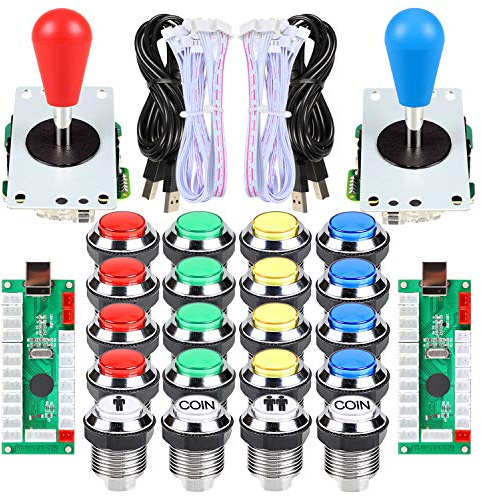 Fosiya 2 Spieler Arcade DIY Kit Arcade Ellipse Oval Style 8 Wege Fledermaus Joystick + LED Chrome Arcade Tasten für Videospiele Mame PC Windows Raspberry Pi 3 4 (Mix Color)
