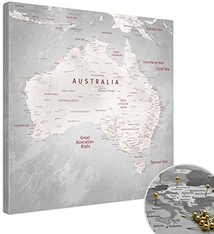 LANA KK - Premium Pinnwand Australienkarte - Champagner - Englisch - in 40 x 40 cm, stabile Rückwand zum Pinnen inkl. Starterkit - Leinwand-Kunstdruck Wandbild Landkarte XXL