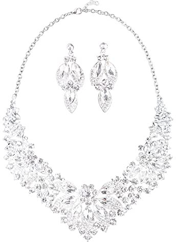 KONFEN Damen Hochzeit Schmuckset - Kristall Halskette und Ohrringe Set Braut Brautjungfer Kostüm Schmuck-Set für Frauen und Mädchen (Weiße)